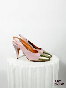 ROBERTO SPINELLI - Paire d'escarpins slingback en cuir et tissu de couleur rose et dorée - taille inconnue - talon de 10 cm - Bon état général