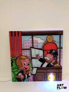The Nineties Mr Monopoly the Billionaire Technique mixte Néon sur plexiglass. Edition limitée, numérotée 1/1, signée, avec certificat d’authenticité. Avec son alimentation murale. Dimensions maximales : 50 x 50 cm