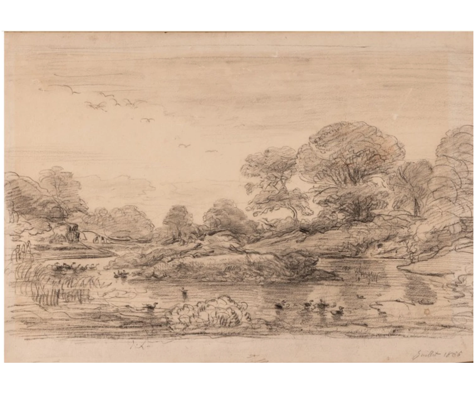 Daubigny, Charles-François, Canards dans une rivière le matin, dessin au crayon