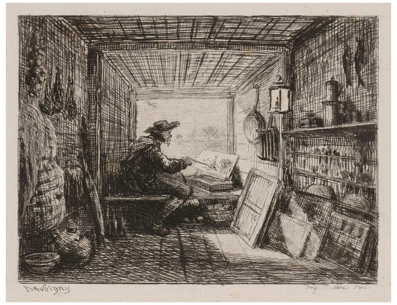 Daubigny, Charles-François, Le bateau-atelier, planche tirée de Voyage en bateau, eau-forte