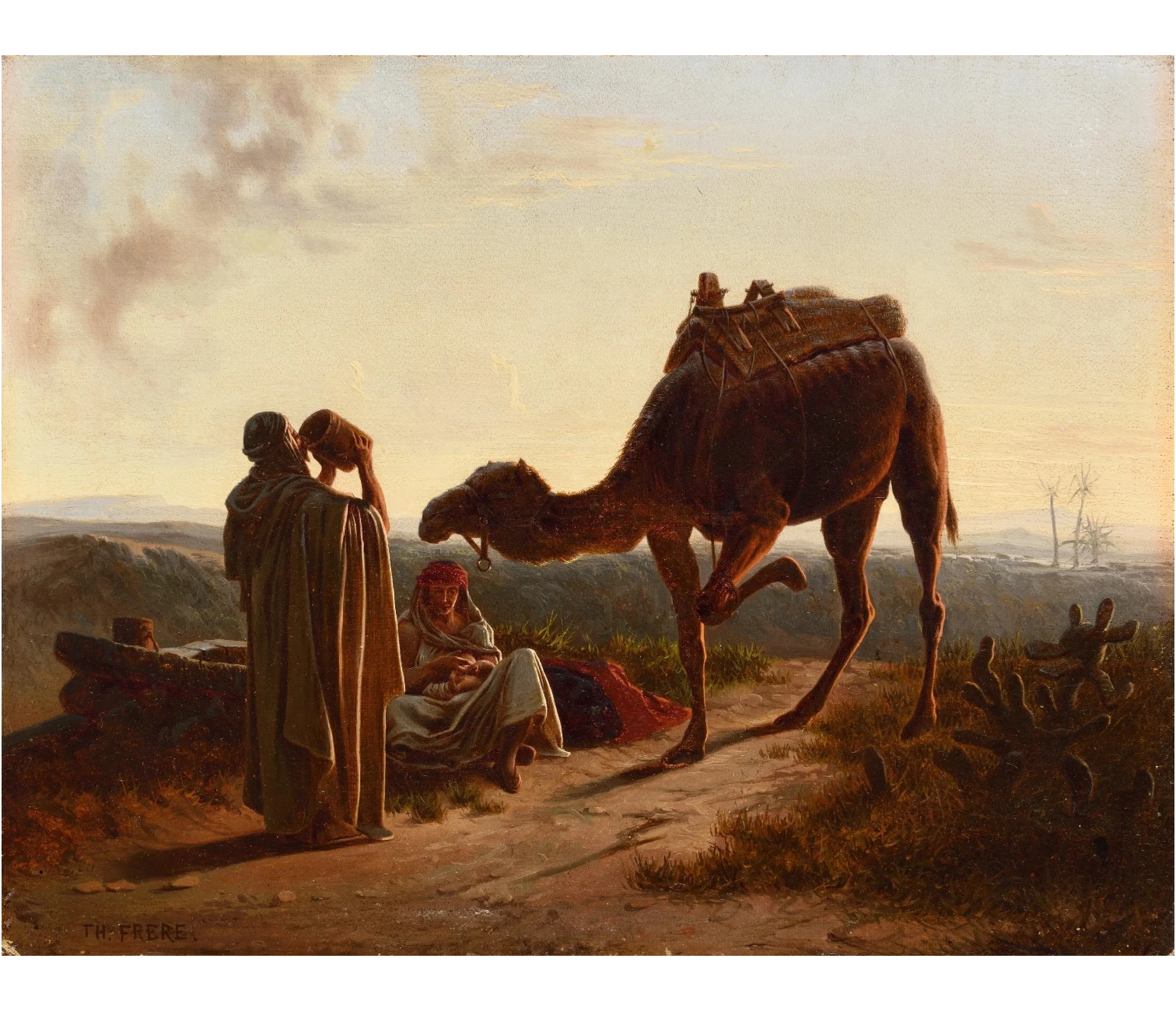 Frère, Charles-Théodore, La halte de la caravane, au crépuscule, huile sur toile marouflée sur carton