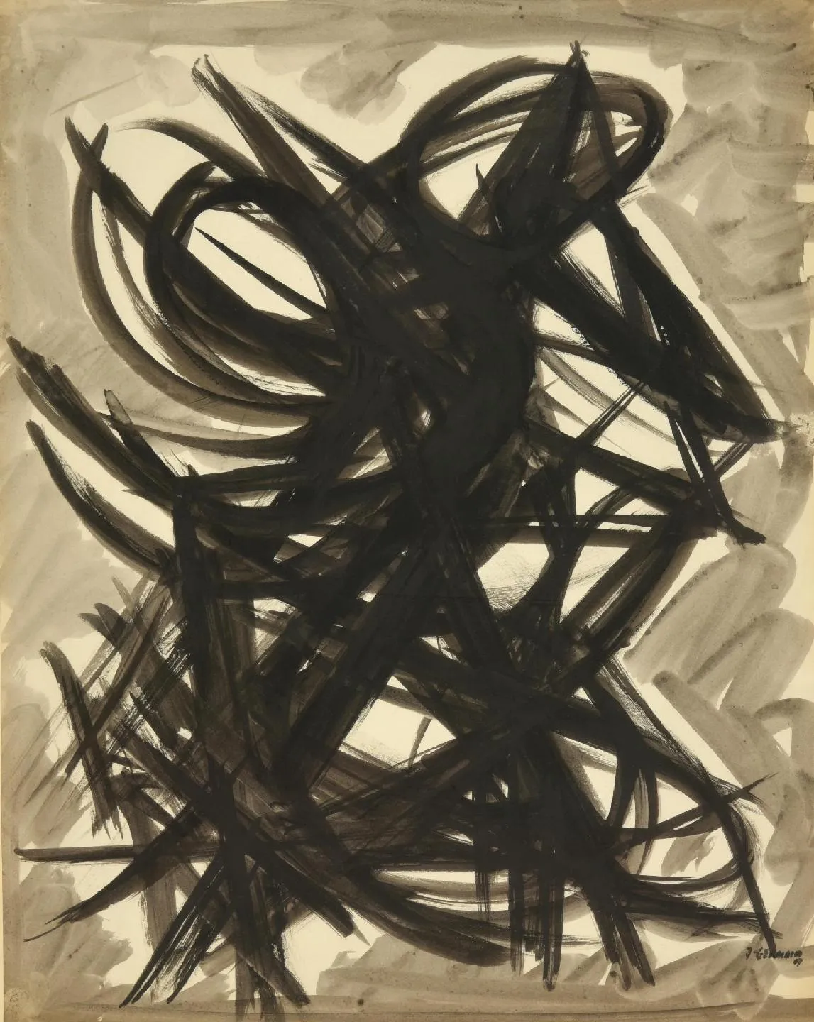 Tableau Germain Jacques Composition 1947 lavis d'encre