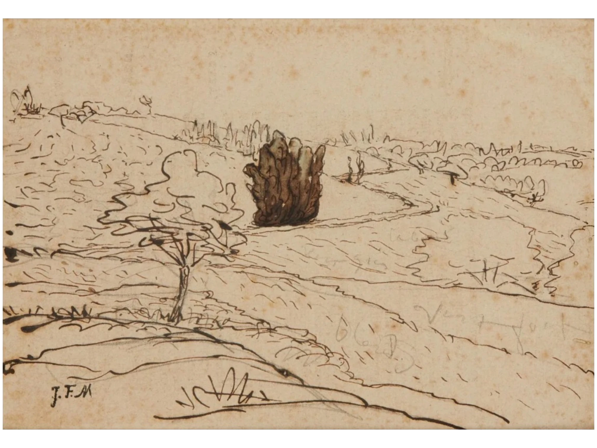 Millet, Jean-François, Paysage valonné, plume et encre brune, lavis brun sur traits de crayon noir.jpeg