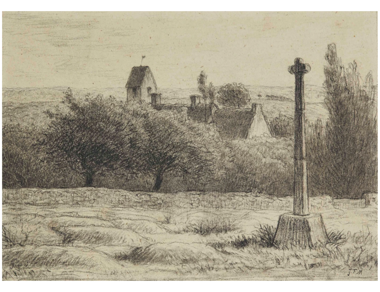Millet, Jean-François, Croix à l'entrée du village de Gréville, dessin au fusain