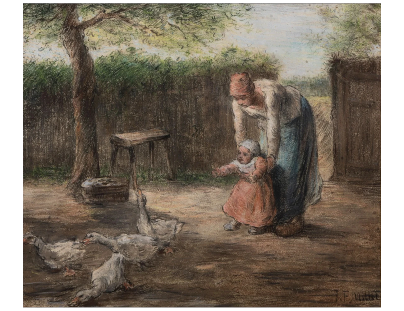 Millet, Jean-François, Les premiers pas, pastel sur papier