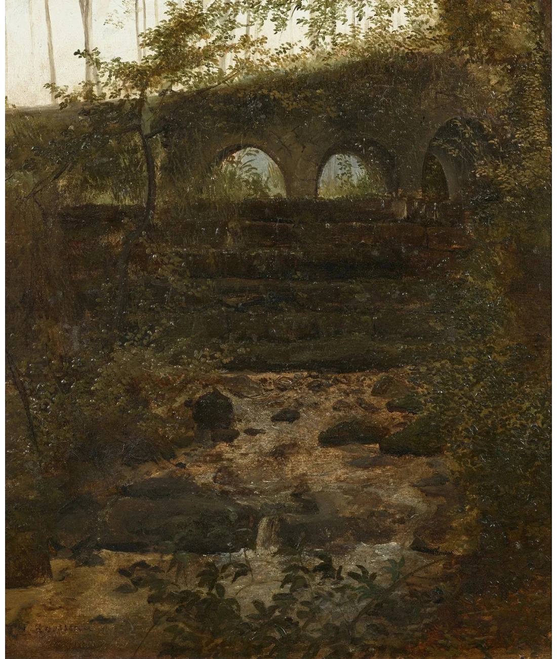 Rousseau, Théodore, Cours deau et ancien pont dans un sous-bois à Pierrefonds, huile sur papier marouflé sur toile